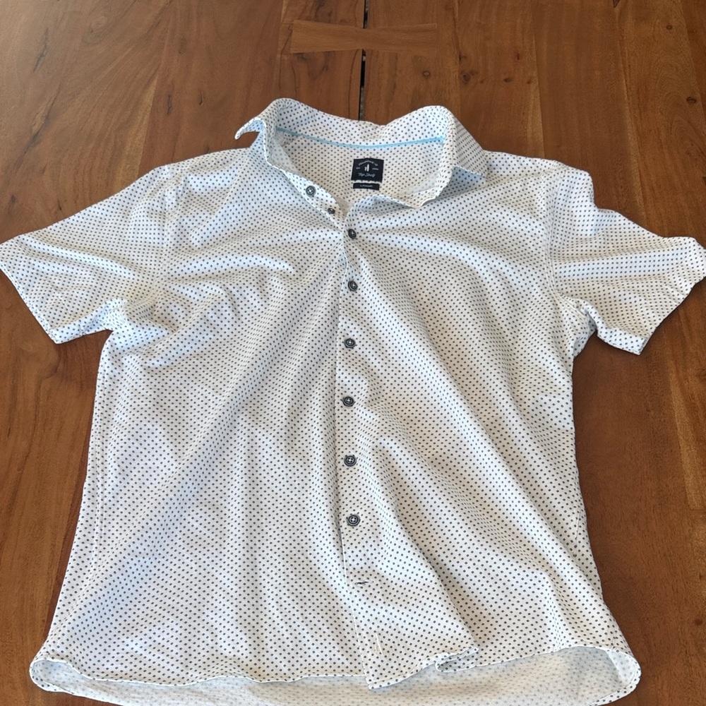johnnie-O White Short Sleeve Button-Down with Navy Micro Dot Print